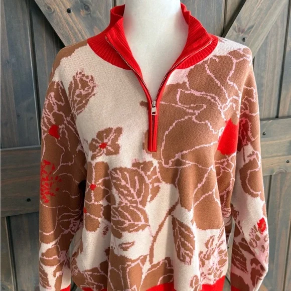 Impressions Floral Patterned Zip-Up Sweater - Orange and Brown Sz L - Picture 7 of 7
